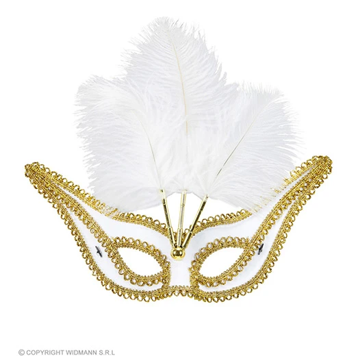 Oogmasker Wit Met Goud En Veren 3 Oogmasker Wit Met Goud En Veren