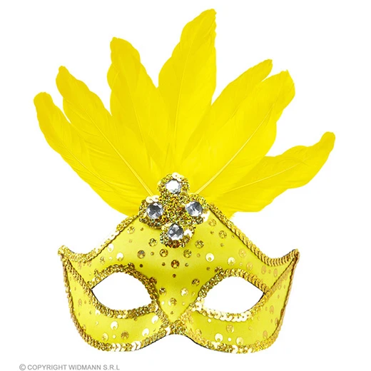 Oogmasker Brazilie Met Veren En Parels, Neon Geel 3 Oogmasker Brazilie Met Veren En Parels, Neon Geel