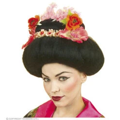 Pruik, Geisha Met Bloem (in Plastic Doos) -Kostuums Met Halloween-Thema G6369 b