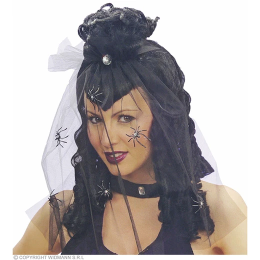 Pruik, Dark Mistress Met Sluier En Spin 3 Pruik, Dark Mistress Met Sluier En Spin