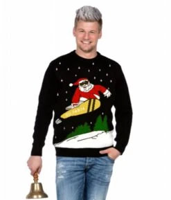 Kersttrui Zwart Snowboard Santa (netto)